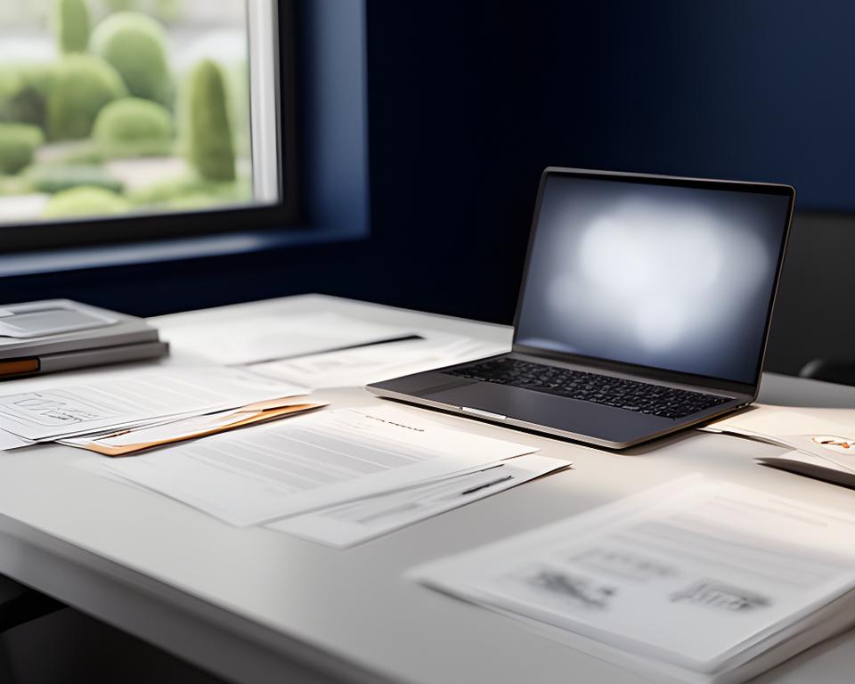 Pflegeplan und digitale Projektunterlagen am Schreibtisch in einem Wiener Büro mit Blick auf Gartenpläne