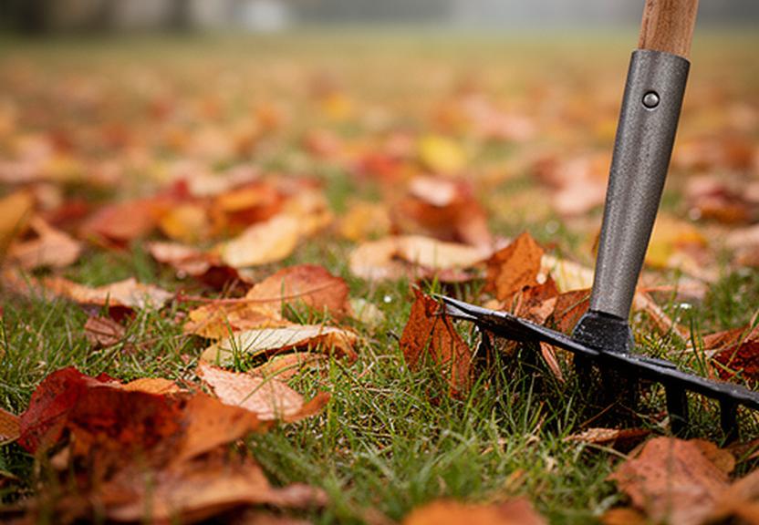 Herbstliche Rasenfläche mit Laub und Gartengerät für die Pflege
