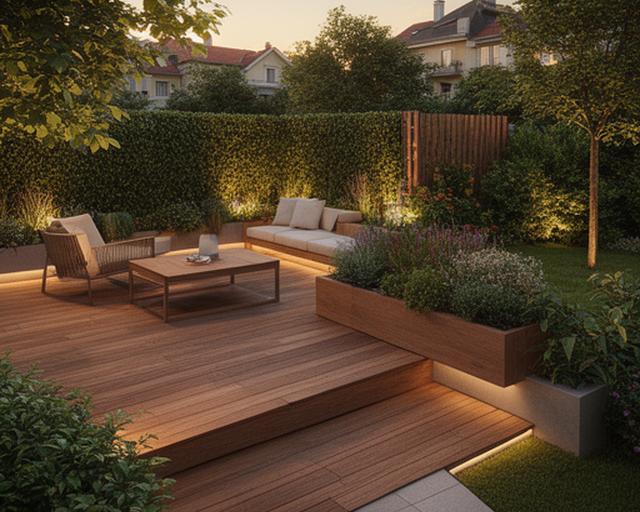 Holzterrasse in Hietzing mit Sichtschutz, Pflanztrögen und Abendlicht