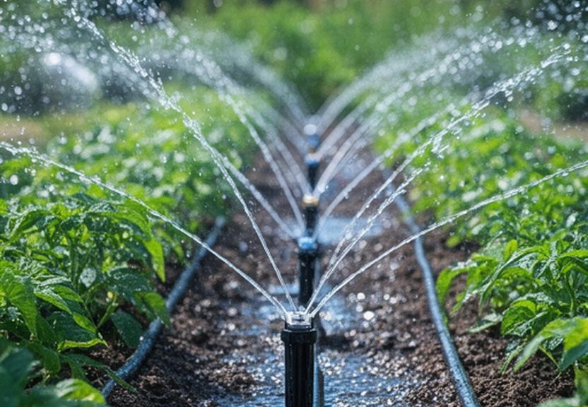 Moderne Bewässerungsanlage versorgt ein Staudenbeet mit präzisen Wasserstrahlen