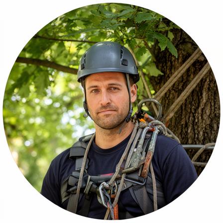 Baumpfleger Emir Bazovic bei der Kronenpflege eines Stadtbaums mit Helm und Kletterausrüstung im Einsatz
